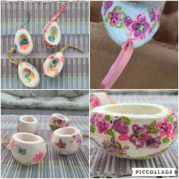 Vintage Large Sugared Glitter Foam Mod Eggs Floral Easter Decoupage Handmade - Picture 9 of 9